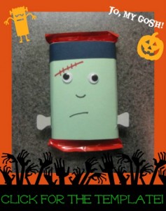 Halloween care package ideas. Includes a free candy bar wrapper printable to turn chocolate bars into Frankenstein.