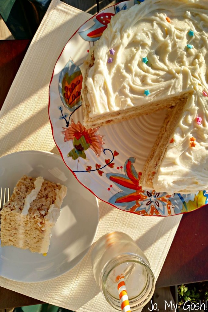 Love this rustic rice crispy treat cake! The cream cheese frosting recipe is to die for!